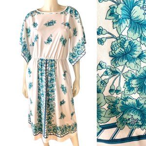 Vintage 70s Shaheen Flutter Sleeve Dress 8 Lokelani Print Dolman Blouson ACTWU